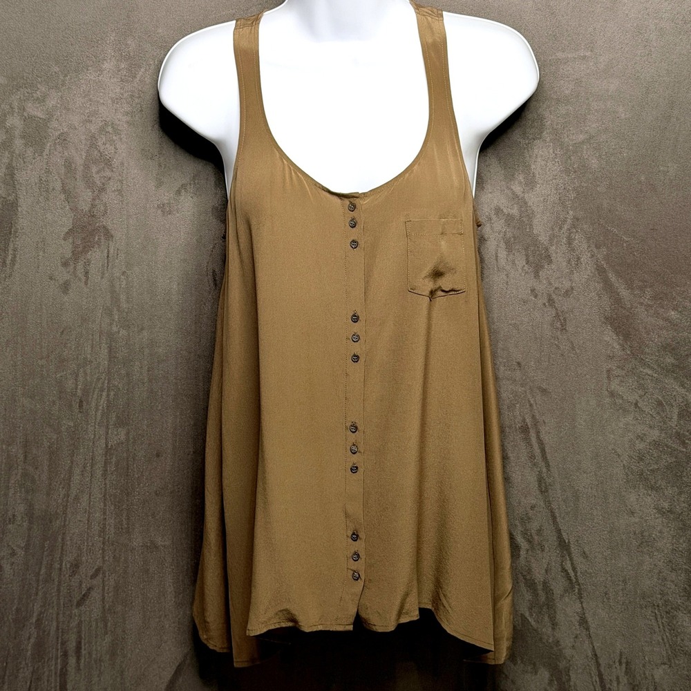 Club Monaco Tank Top Women Sz XS 100% Silk Racerback Button Front Olive Brown